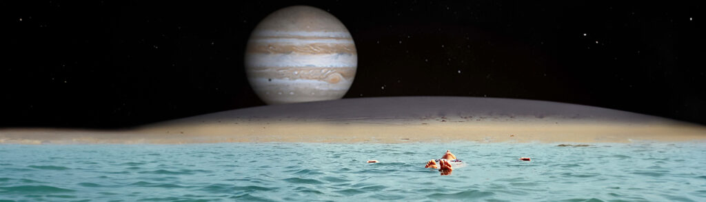 Melissa Darrow Engleman floating in the water of Jupiters moon with Jupiter in the background